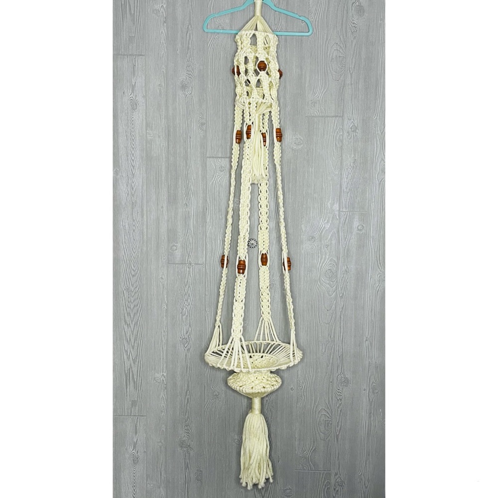 Vintage macreme plant hanger large tan / white w/ wooden beads almost 7 ft tall